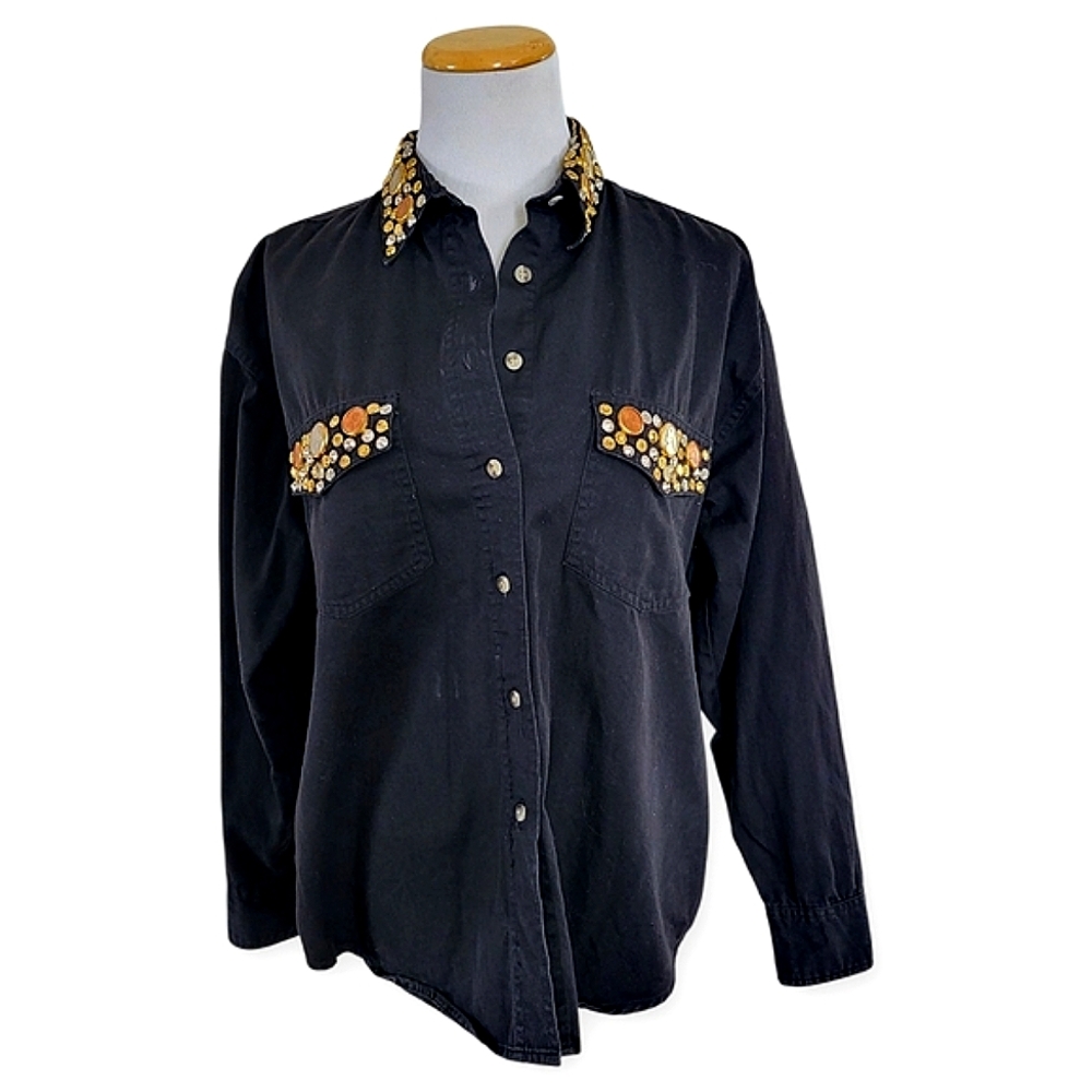 VINTAGE Lexxico NY Black Cotton Twill Button-Down Shirt with Studded Collar